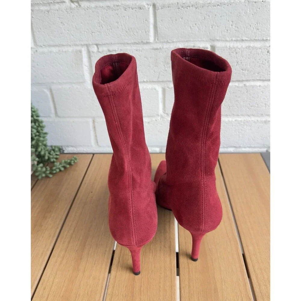 Stuart Weitzman Red Suede Sock Ankle Boots Pointed Toe Kitten Heel US 8.5 B